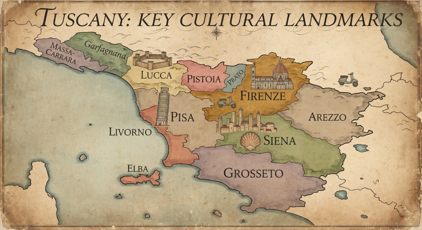 Tuscany tourist map showing key cultural landmarks and attractions including the Leaning Tower of Pisa, Florence Duomo, Lucca city walls, the towers of San Gimignano, and Siena