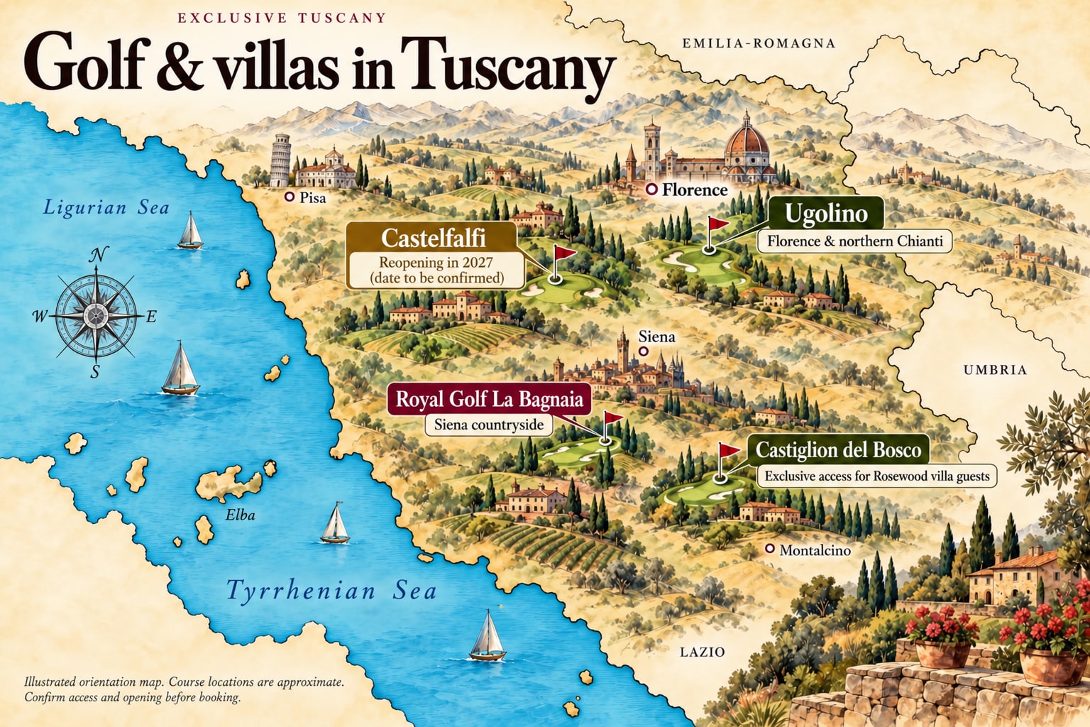 Illustrated map of four Tuscany golf courses: Castelfalfi, Ugolino near Florence, Royal Golf La Bagnaia near Siena and Castiglion del Bosco near Montalcino.