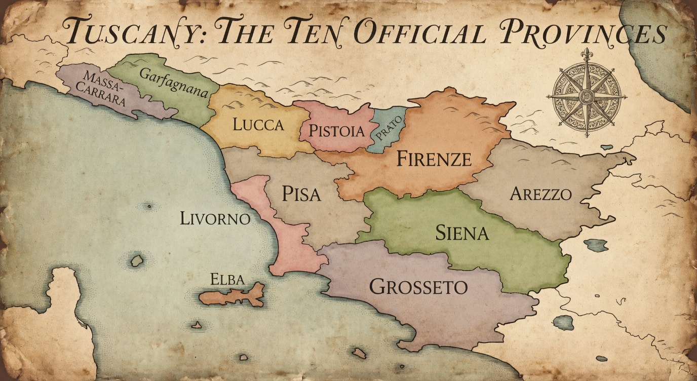 Map of Tuscany showing the ten official provinces, Firenze, Siena, Arezzo, Grosseto, Lucca, Pisa, Livorno, Pistoia, Prato and Massa-Carrara