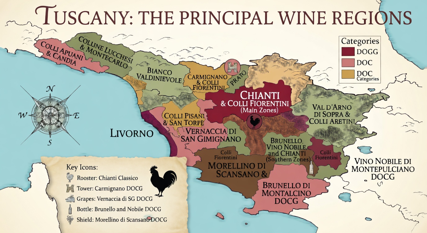 Tuscany wine regions map showing the principal DOCG appellations including Chianti Classico, Brunello di Montalcino, Vino Nobile di Montepulciano, Vernaccia di San Gimignano and Morellino di Scansano